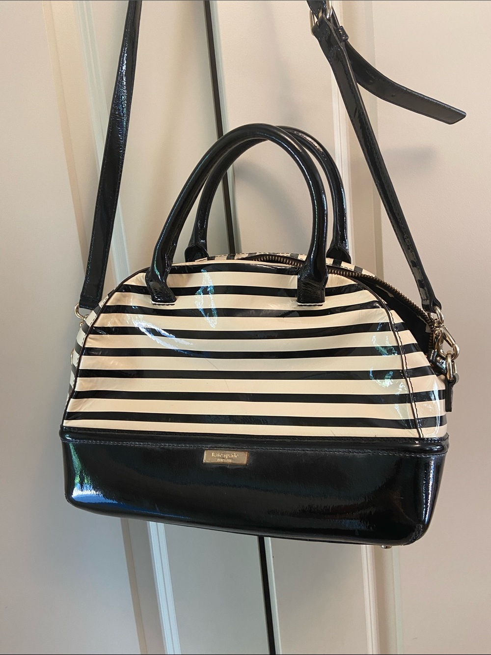 kate spade Bag- Black and White Striped Satchel with Patent Trim